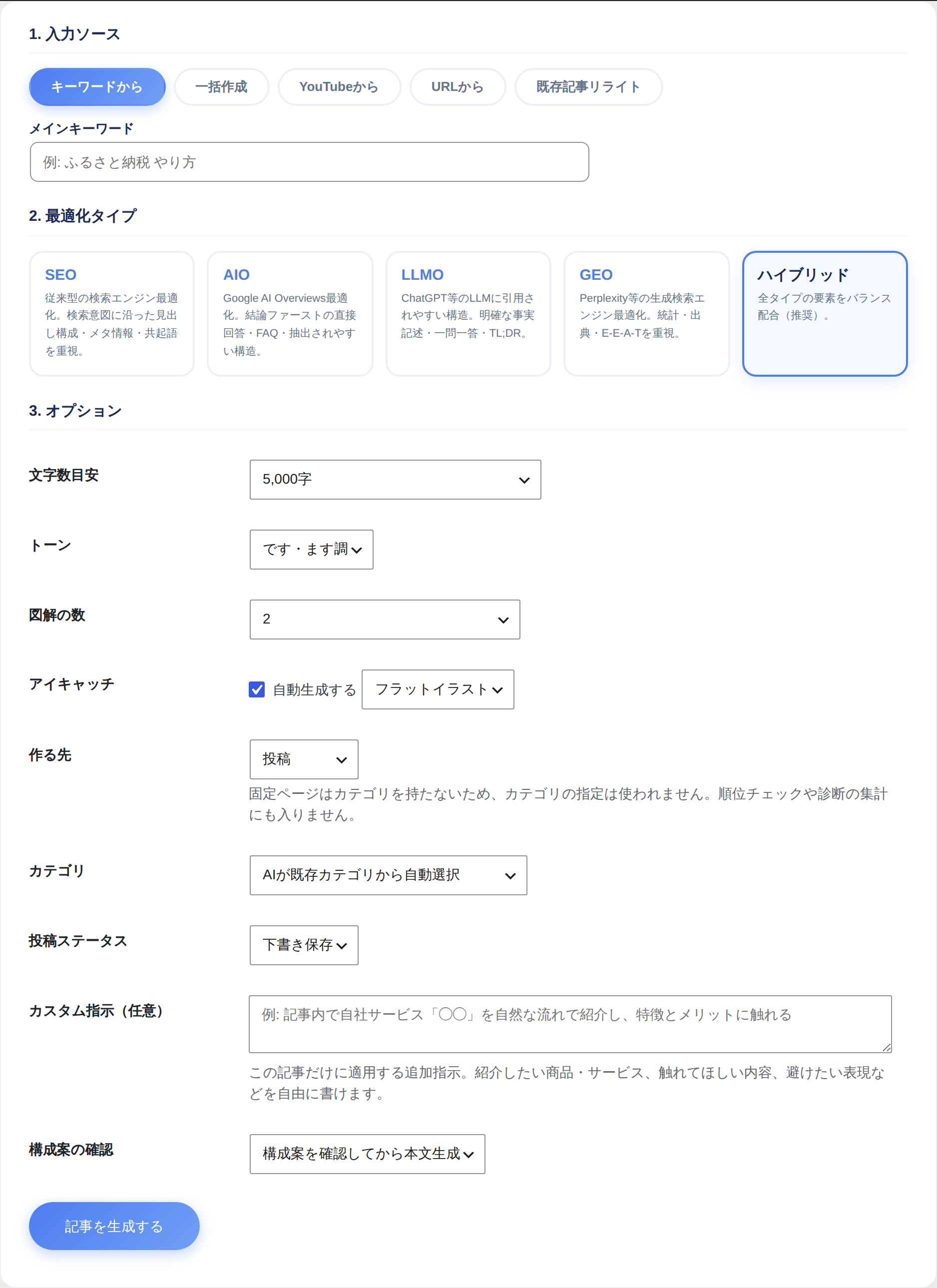 新規記事作成の画面。元にするもの・最適化タイプ・オプションを上から順に決めます